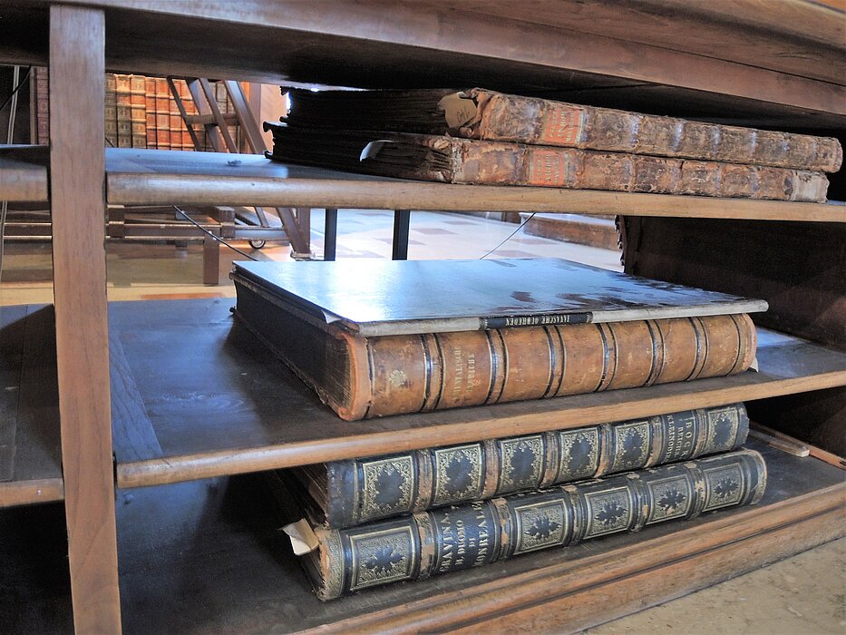 Alte Bücher am Boden eines alten Bücherregals