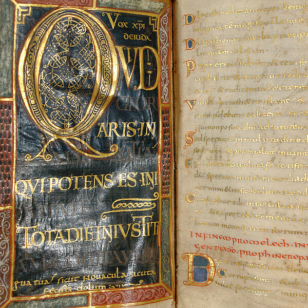 Ausschnitt aus einem Foto einer Doppelseite mit flächigen Verzierungen in Dunkelblau, Gold und Rot.