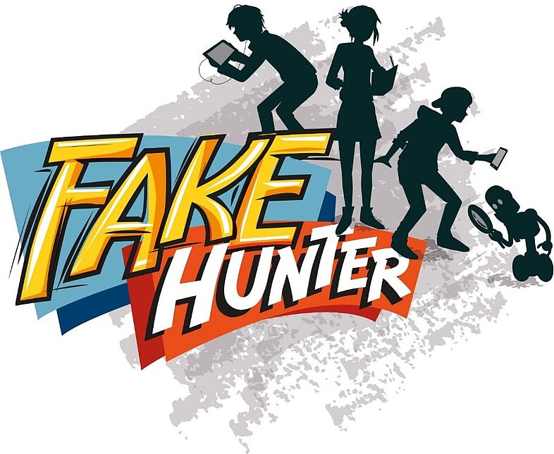 Das Logo des "Fake Hunter" - Trainings zeigt junge Menschen bei detektivischen Tätigkeiten.