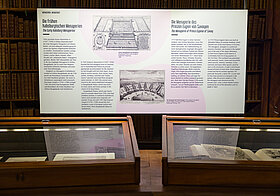Infotafel.jpg Foto einer Infotafel, davor zwei Tischvitrinen.