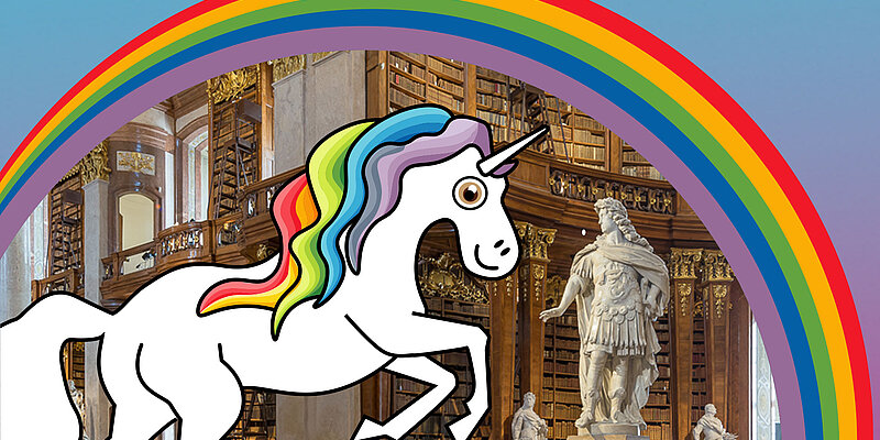 Grafik, die ein Einhorn und einen Regenbogen zeigt, im Hintergrund ein Marmorsaal mit Bücherregalen und Statuen.