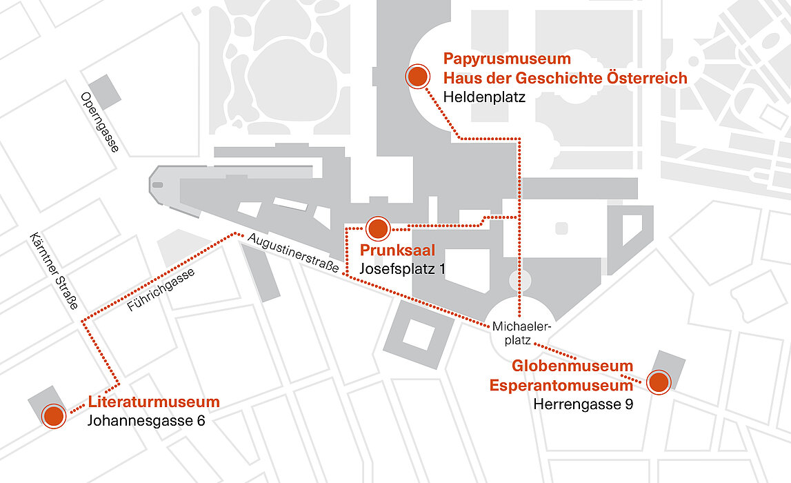 Plan mehrerer Gebäude, auf dem die Museen eingezeichnet sind.
