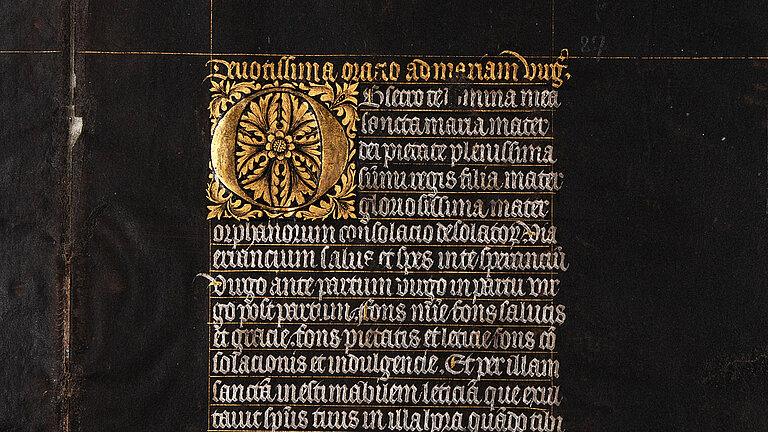 Mittelalterliche Handschrift auf schwarzem Pergament mit goldener Initiale und Text in Weiß.