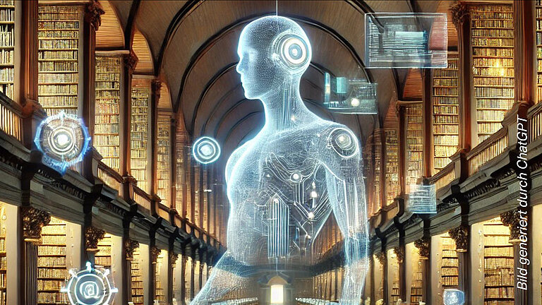 Digitaler, transparenter humanoider Körper mit leuchtenden Linien und Kreisen, dargestellt in einer großen historischen Bibliothek mit hohen Regalen voller Bücher. Um die Figur schweben holografische Symbole und Datenanzeigen.