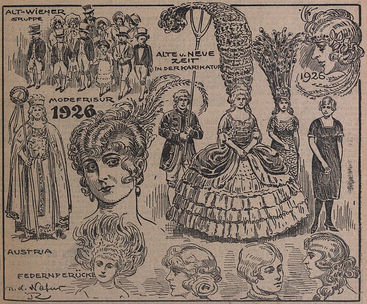 Teaserbild.jpg Illustration aus den 1920er-Jahren mit Karikaturen von historischen Frisuren, Mode und Kostümen, beschriftet mit Begriffen wie "Modefrisur 1926" und "Alte und neue Zeit in der Karikatur"