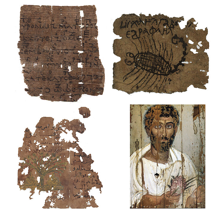 Zusammenstellung von vier Highlights aus dem Papyrusmuseum: Orestes von Euripides mit Notation, Zeichnung eines Skorpions, Blatt aus einer Handschrift mit der Darstellung eines Lebensbaumes, Portrait eines bärtigen Mannes