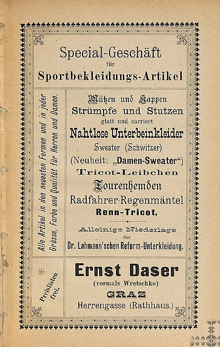 Alte Werbeanzeige nur mit Text, die u.a. für Sweater (Schwitzer) und Tricots wirbt.