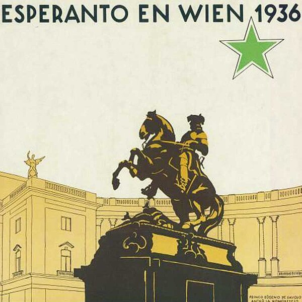 esp_90.jpg Grafik, Reiterstandbild vor der Österreichischen Nationalbibliothek mit grünem Stern
