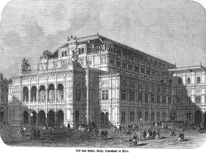 Abbildung_1.jpg Historische Illustration des Wiener Opernhauses mit reich verzierter Fassade, Arkaden und Figuren, davor ein belebter Platz mit zahlreichen Menschen und einem Brunnen.