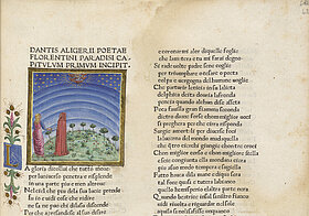 Manuskriptseite mit einer Miniatur, die Dante und Beatrice vor einem Sternenhimmel zeigt, begleitet von italienischem Text.