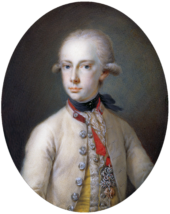 Franz II., römisch-deutscher Kaiser (Aquarell auf Elfenbein, Porträtminiatur Bencini Junior zugeschrieben, um 1790) Porträtminiatur, welche den jungen Kaiser Franz II./I. in weißer Feldmarschallsuniform darstellt.