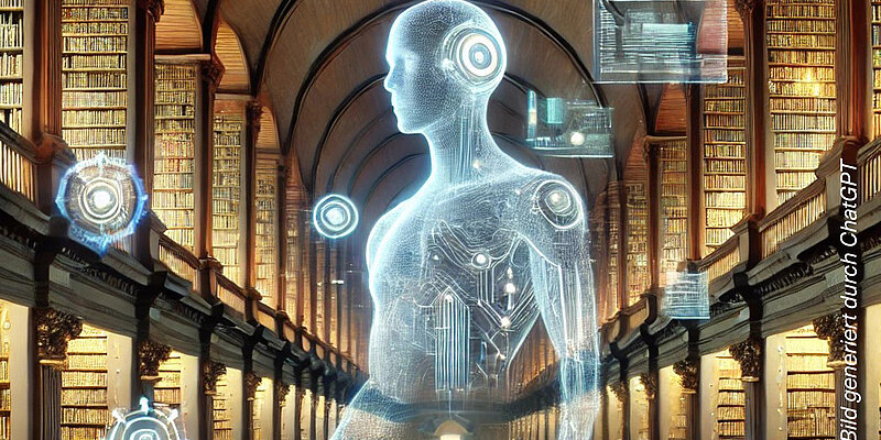 Digitaler, transparenter humanoider Körper mit leuchtenden Linien und Kreisen, dargestellt in einer großen historischen Bibliothek mit hohen Regalen voller Bücher. Um die Figur schweben holografische Symbole und Datenanzeigen.