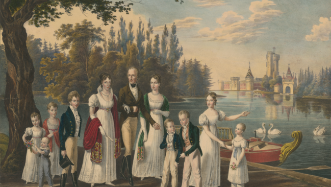 Gemälde von einer Großfamilie am Wasserufer.